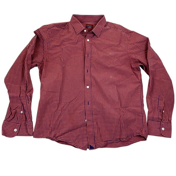Untuckit Mens Shirt Large Red & Blue Checkered Long-Sleeve Button-Up 100% Cotton - Picture 1 of 9